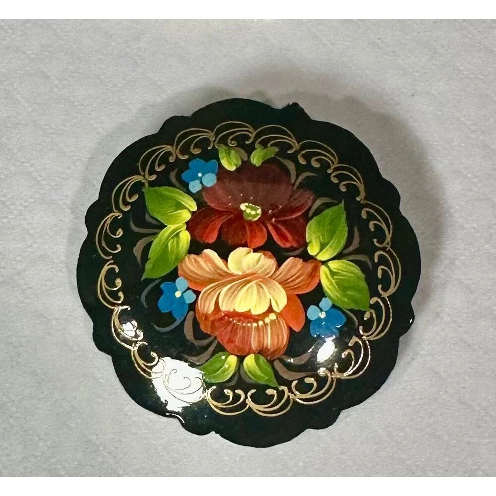 Vintage Authentic Russian Zhostovo Hand Painted Floral Lacquer Pin Brooch Black